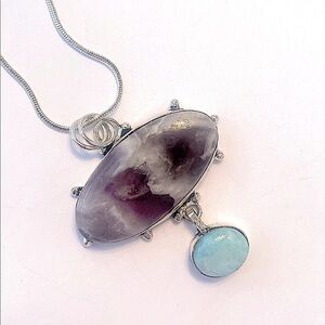 2 inch Chevron Amethyst and Larimar pendant on a silver chain.